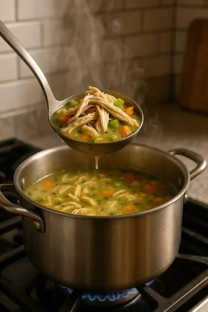 Ladle serving keto chicken soup from pot on stovetop.
