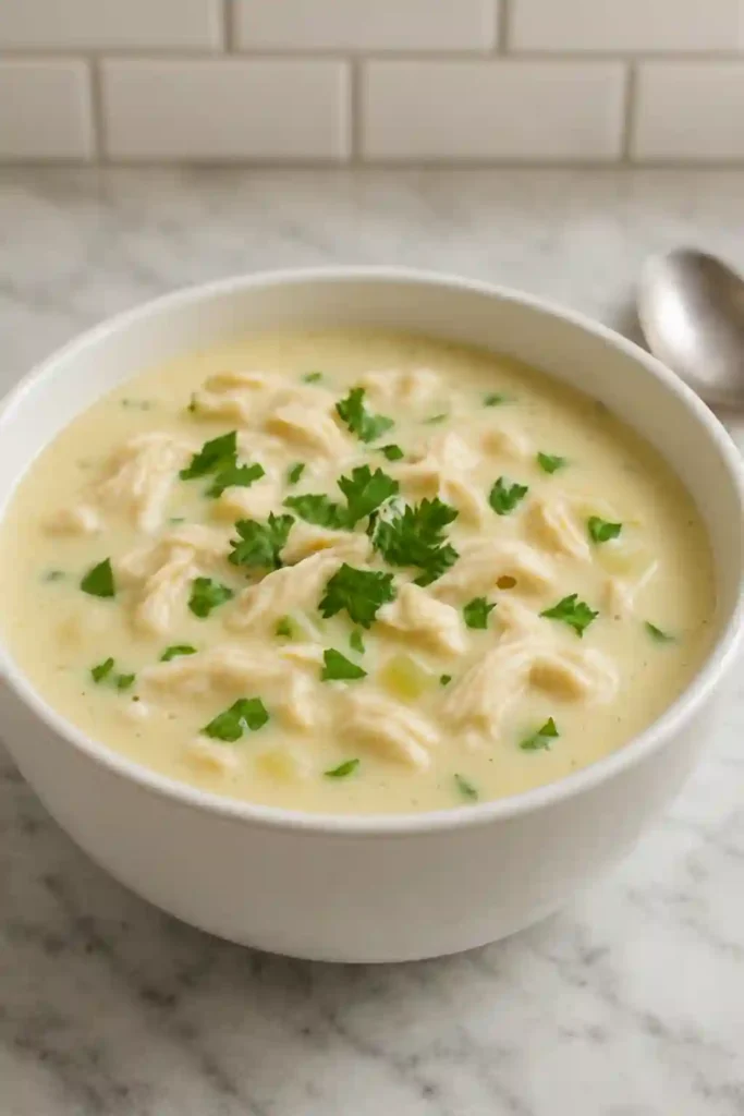 Creamy keto chicken soup served in a bowl with fresh parsley.
