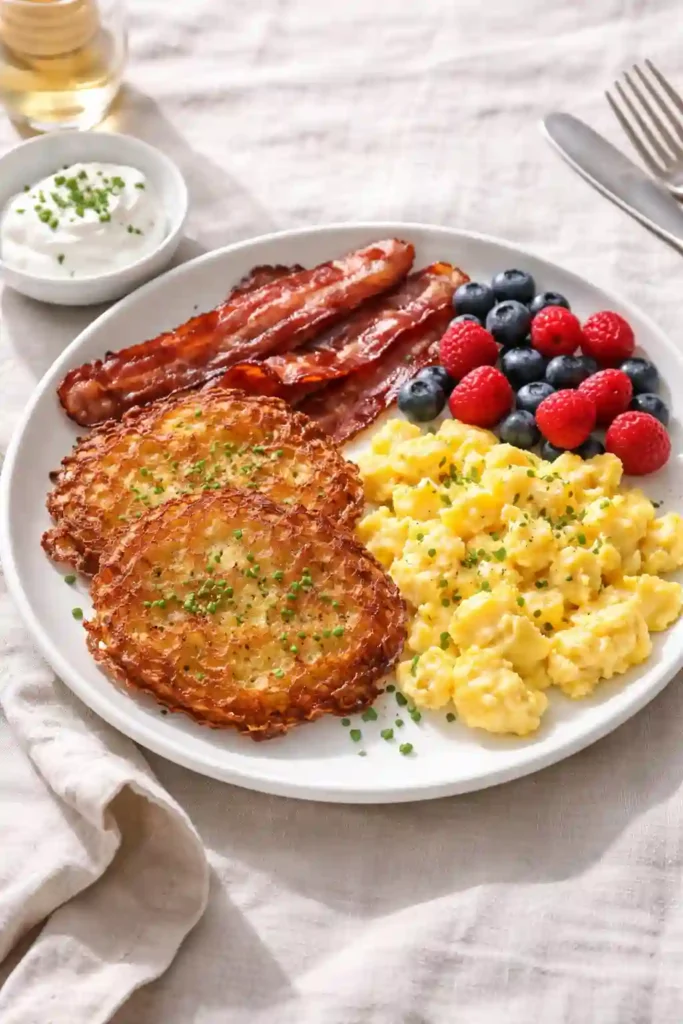 Complete breakfast plate with mashed potato pancakes eggs bacon and berries on linen tablecloth_Leftover Mashed Potato Pancakes