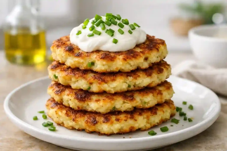 Golden crispy leftover mashed potato pancakes stacked on white plate topped with sour cream and chives