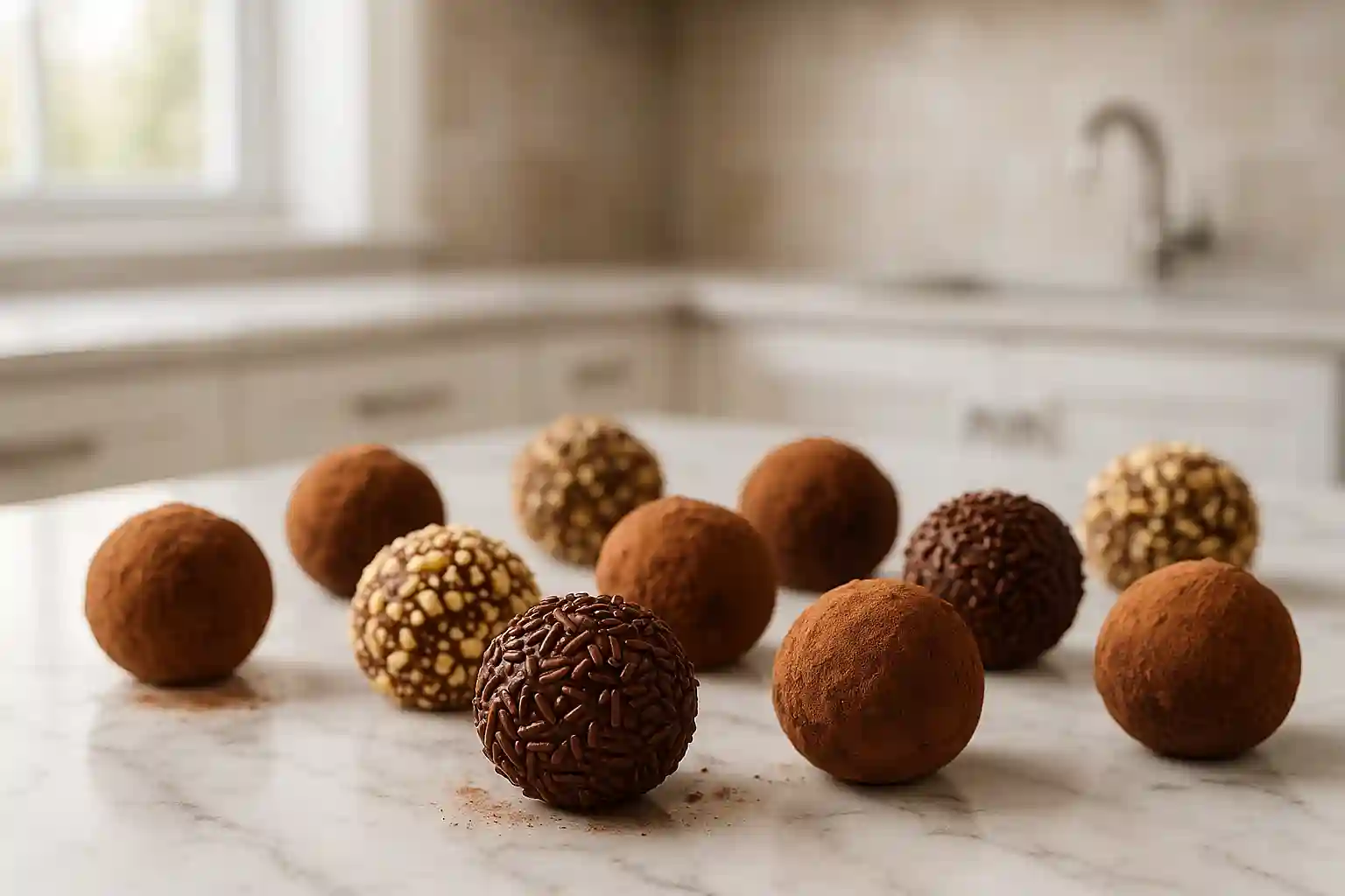 Assorted homemade chocolate truffles with cocoa powder and sprinkle coatings on marble counter