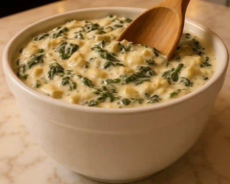 Olive Garden spinach artichoke dip freshly stirred in a white bowl