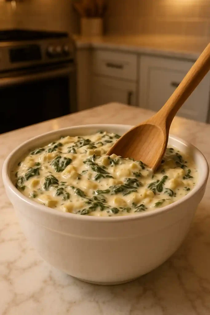 Olive Garden spinach artichoke dip freshly stirred in a white bowl-