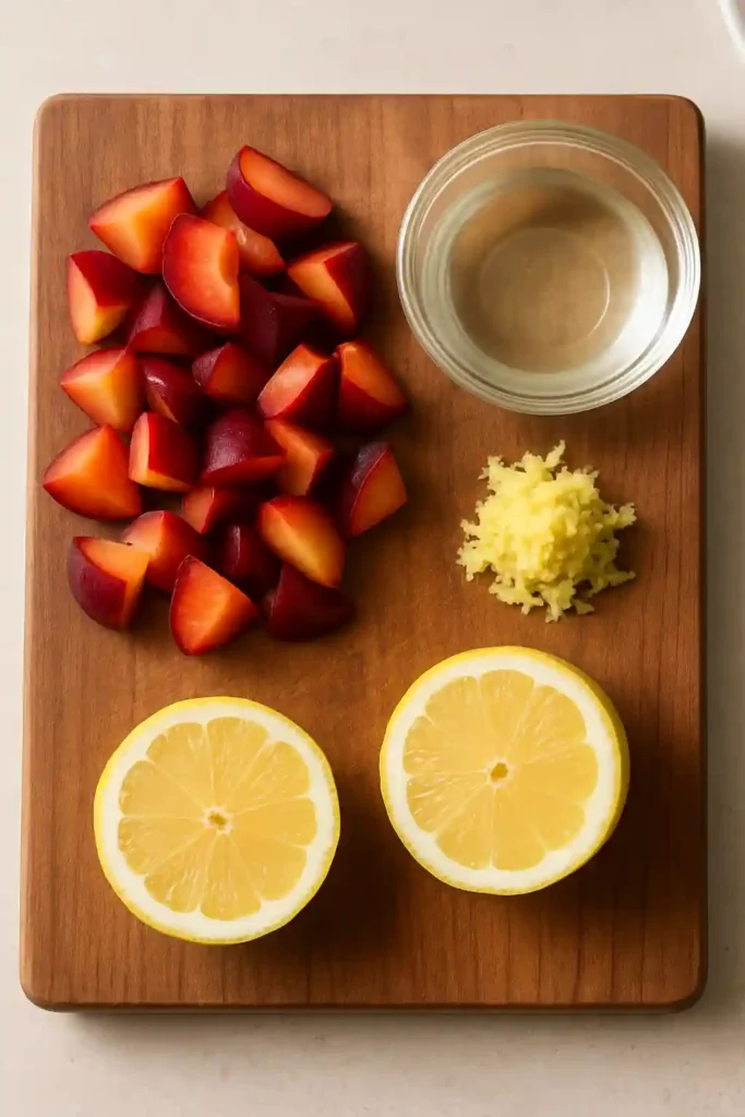 plum juice ingredients on a kitchen board