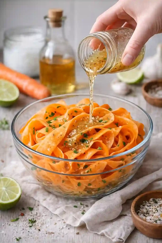 Coconut oil and apple cider vinegar dressing being poured from a small glass jar over beautiful orange carrot ribbons in a clear glass bowl
