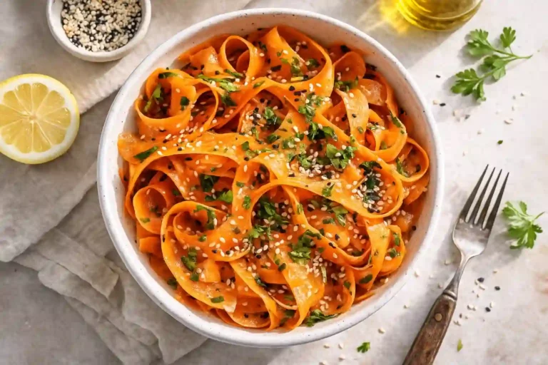 Freshly prepared ribbon carrot salad with glossy orange carrot ribbons in a white ceramic bowl,