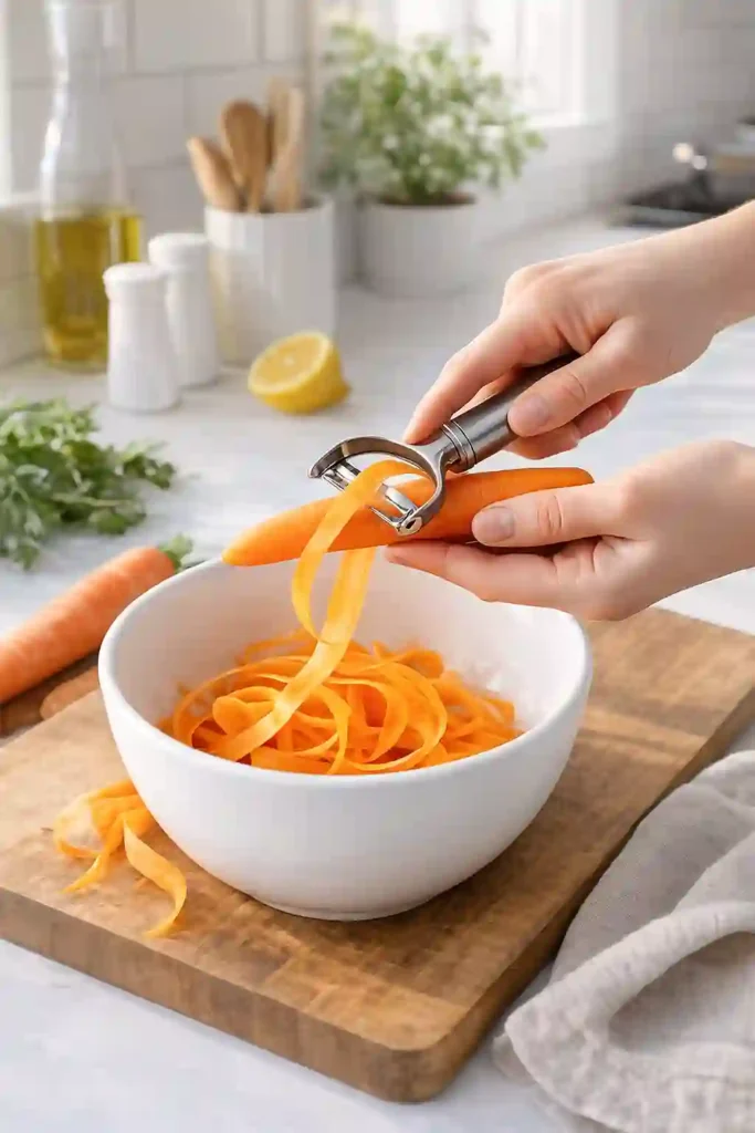 Hands using a vegetable peeler to create long, delicate carrot ribbons over a white mixing bowl
