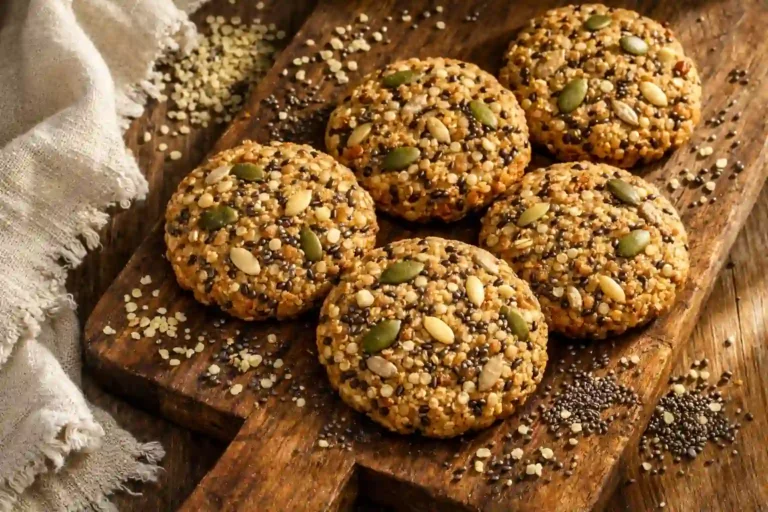 Seedy quinoa breakfast cookies with visible seeds and golden edges on wooden board