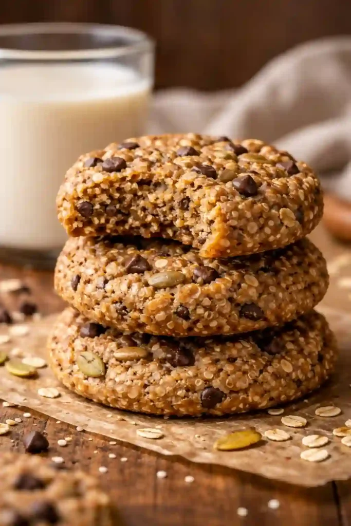 Stack of protein-rich seedy quinoa breakfast cookies showing chewy texture with almond milk