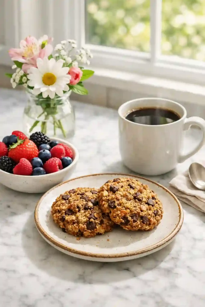 Healthy breakfast setup with seedy quinoa breakfast cookies, berries, and coffee in morning light