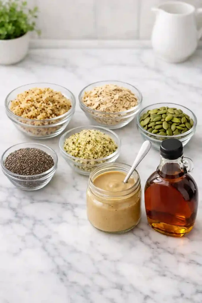 Ingredients for seedy quinoa breakfast cookies displayed in bowls including tahini, seeds, and oats