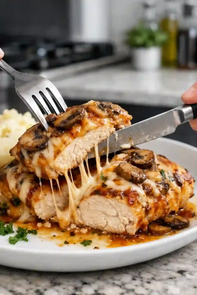 Sliced Texas Roadhouse smothered chicken showing tender juicy interior with cheese