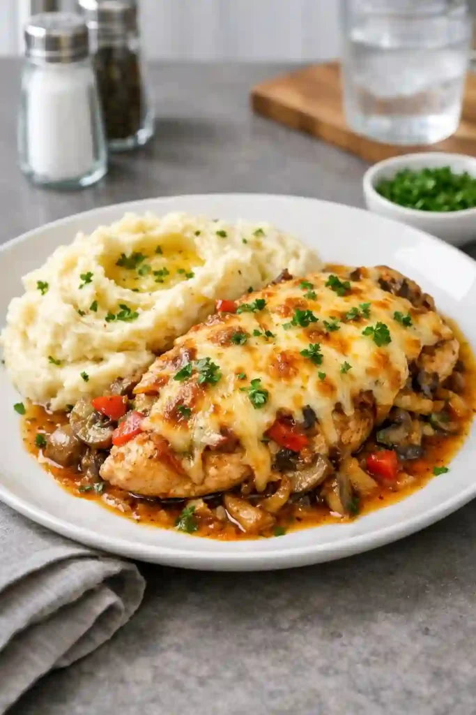 Finished Texas Roadhouse smothered chicken with melted cheese and mushrooms