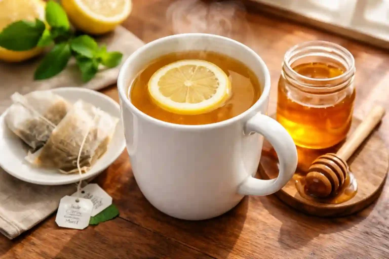 Starbucks Medicine Ball tea in mug with lemon slice, honey jar, and tea bags on kitchen table