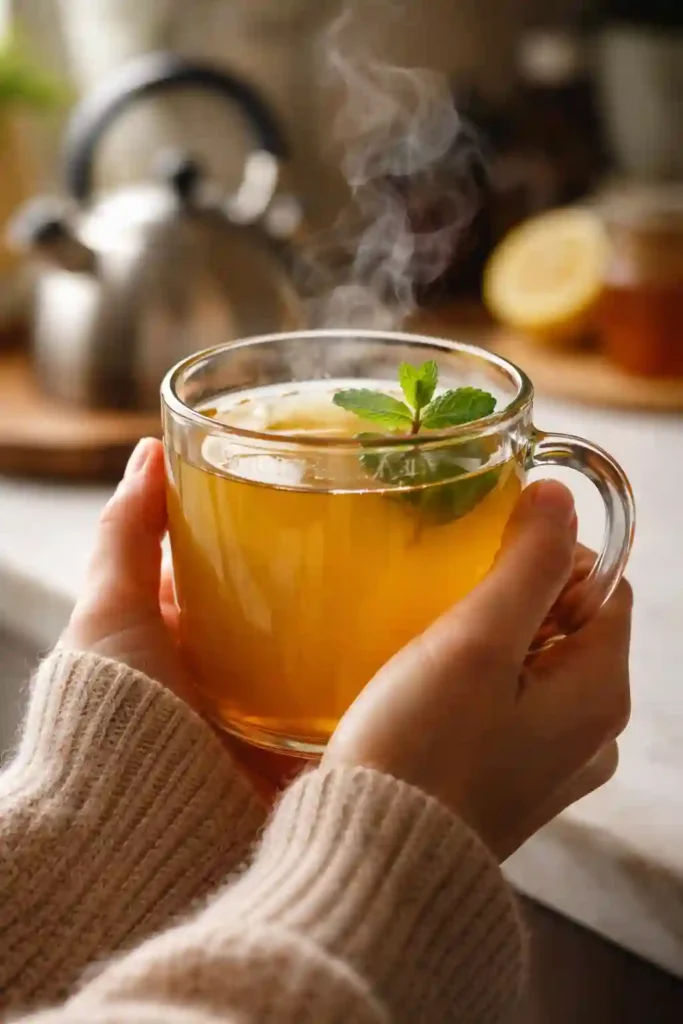 Hands holding clear mug of steaming Honey Citrus Mint Tea with mint garnish in home kitchen