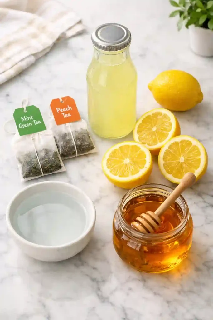 Medicine Ball tea recipe ingredients including tea bags, lemonade, honey, and fresh lemons on marble counter