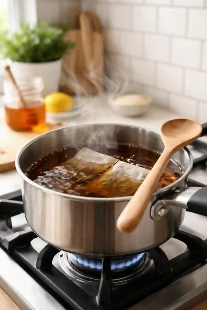 Tea bags steeping in hot lemonade and water mixture in saucepan for Medicine Ball tea recipe