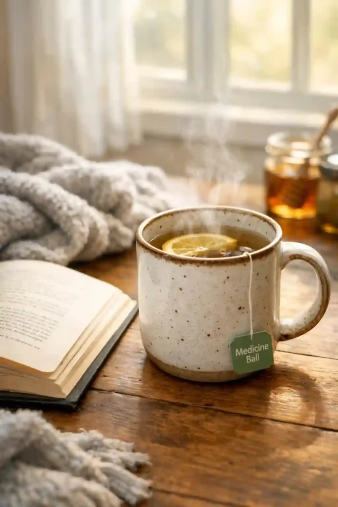 Comforting mug of Starbucks copycat Medicine Ball tea on table with book and blanket in bright kitchen