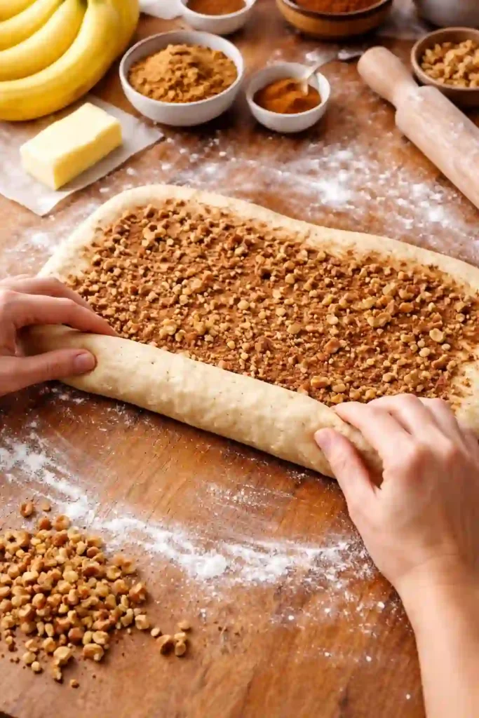 Rolling banana bread cinnamon roll dough with cinnamon filling on kitchen counter