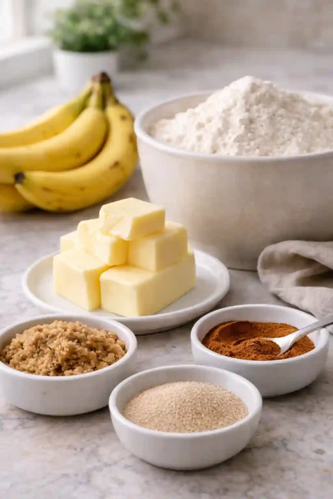 Ingredients for making banana bread cinnamon rolls arranged on kitchen counter