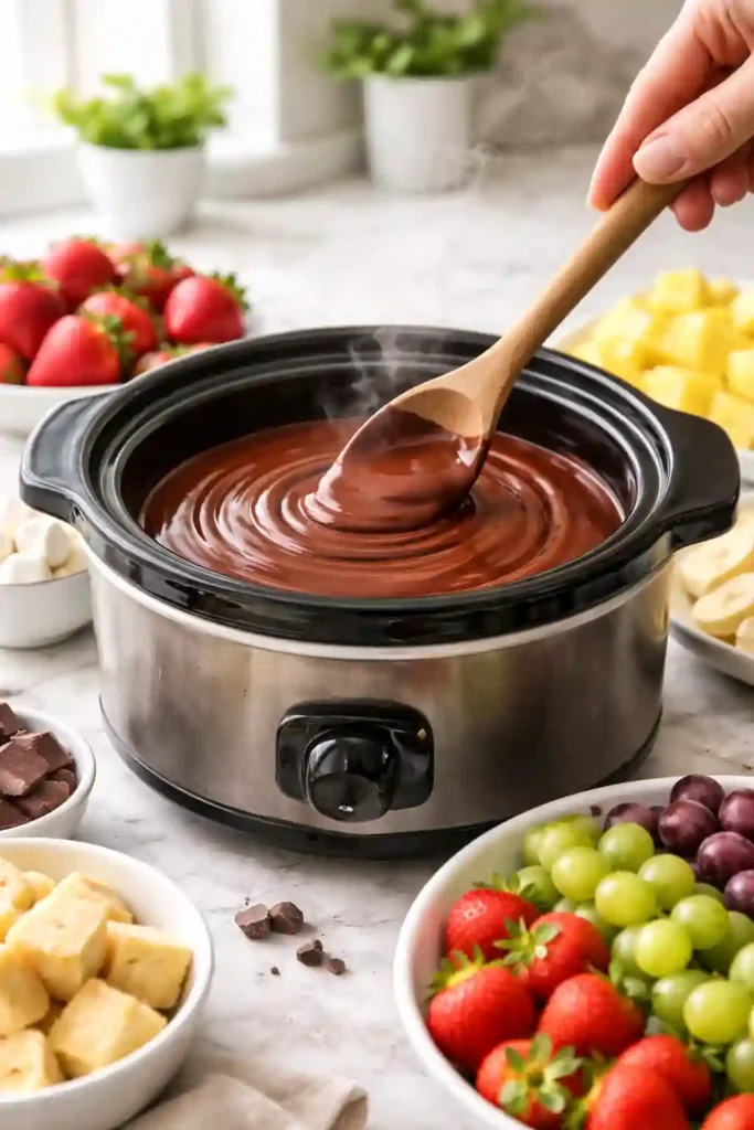 Melted chocolate being stirred in slow cooker for perfect fondue consistency