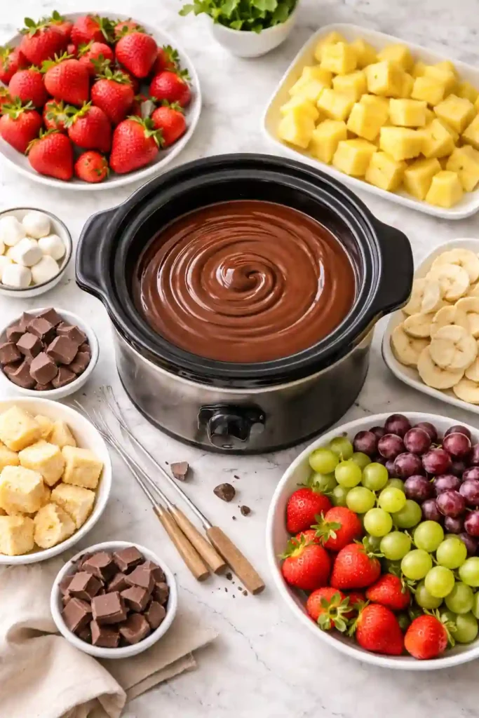 Complete chocolate fondue spread with variety of fresh fruits arranged around fondue pot
