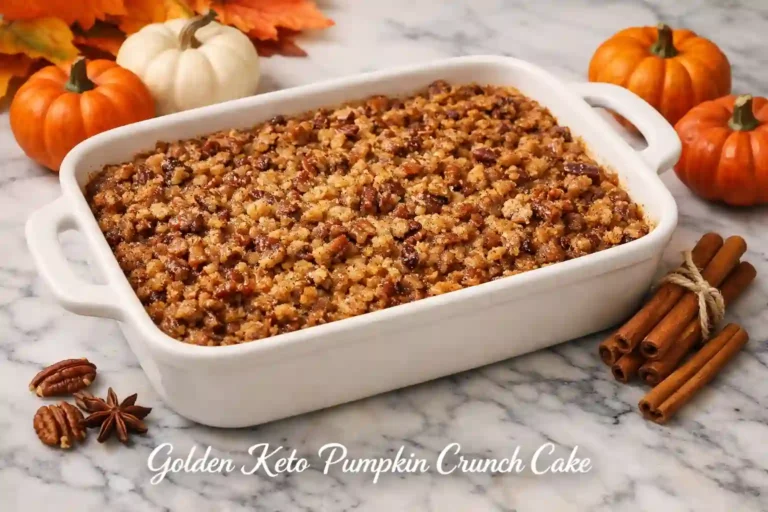 Keto pumpkin crunch cake with golden pecan topping in white baking dish