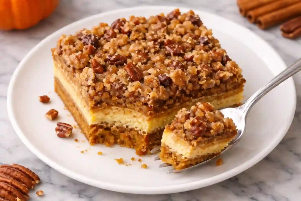 Close-up of keto pumpkin crunch cake slice showing creamy custard and crunchy pecan layers