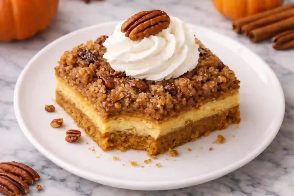 Keto pumpkin crunch cake slice with whipped cream and pecan garnish