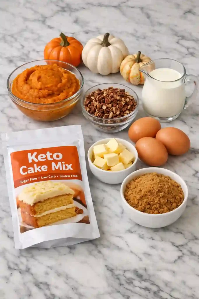 Ingredients for keto pumpkin crunch cake including pumpkin puree, pecans, and keto-friendly baking supplies