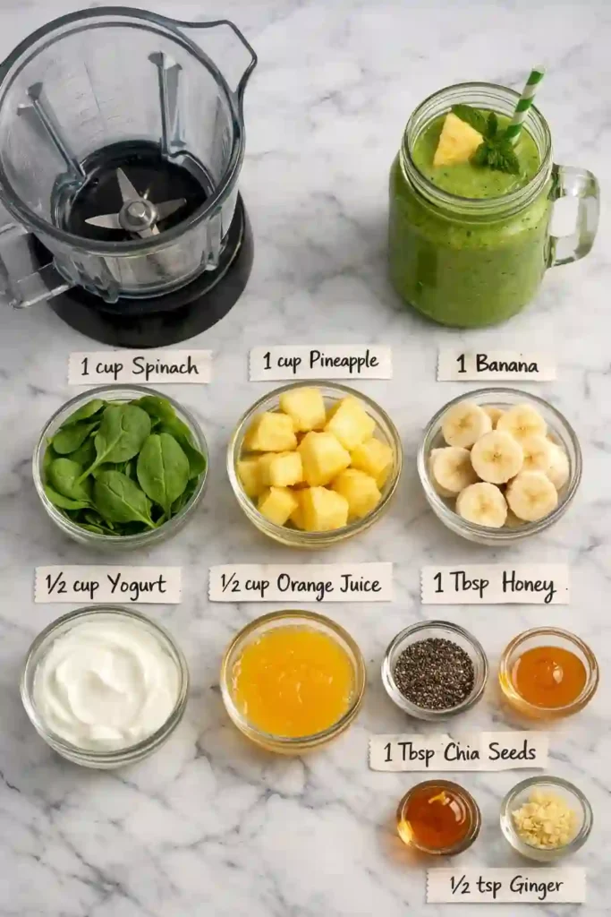 Complete Akkermansia gut drink recipe ingredients including collagen, berries, matcha, inulin, and anti-inflammatory spices